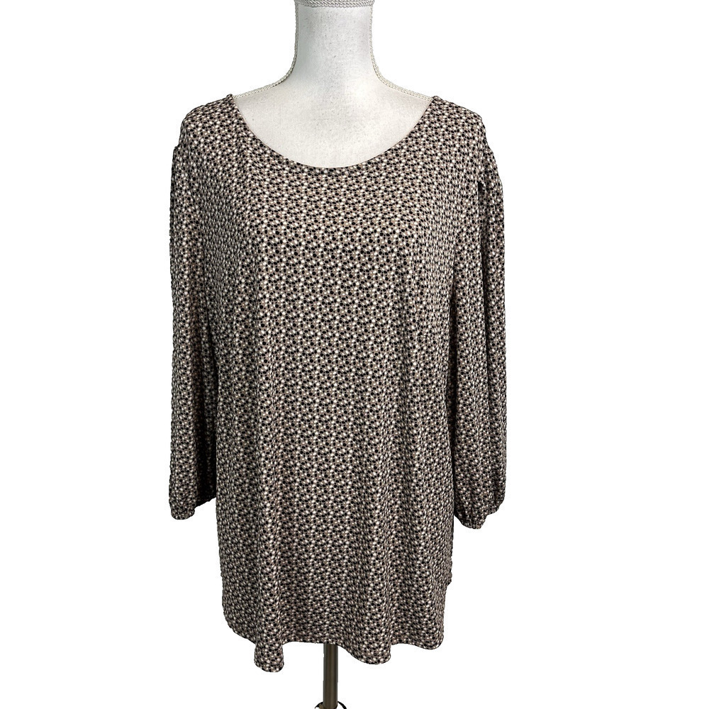 Adrianna Papell Blouse Top Plus size 1X Brown Black Dots Stretch Career Modest
